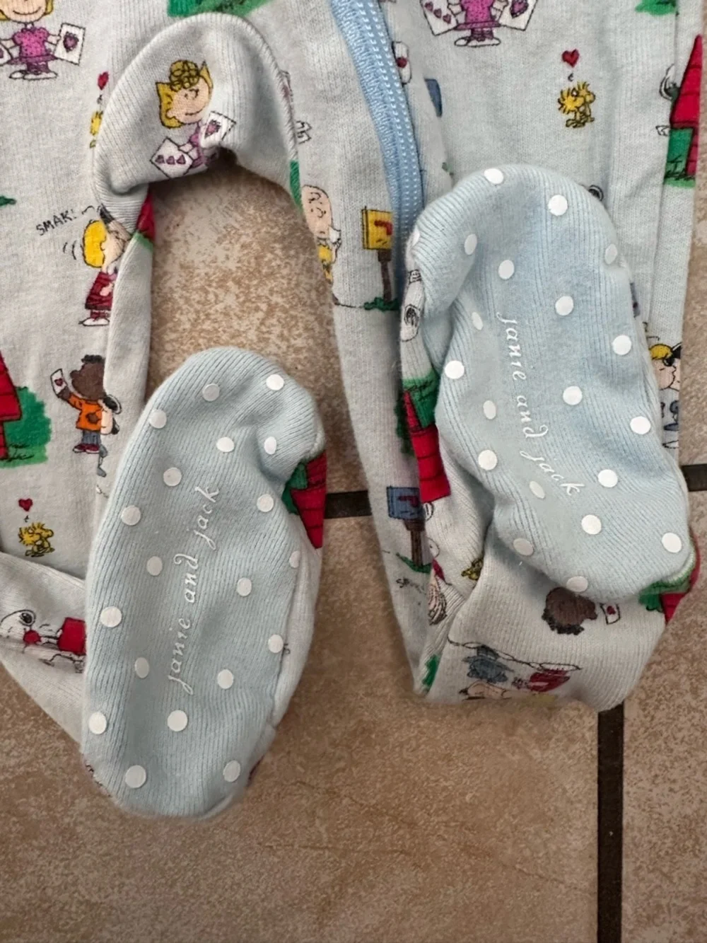 Janie and Jack Light Blue Peanuts Print Footed One-Piece